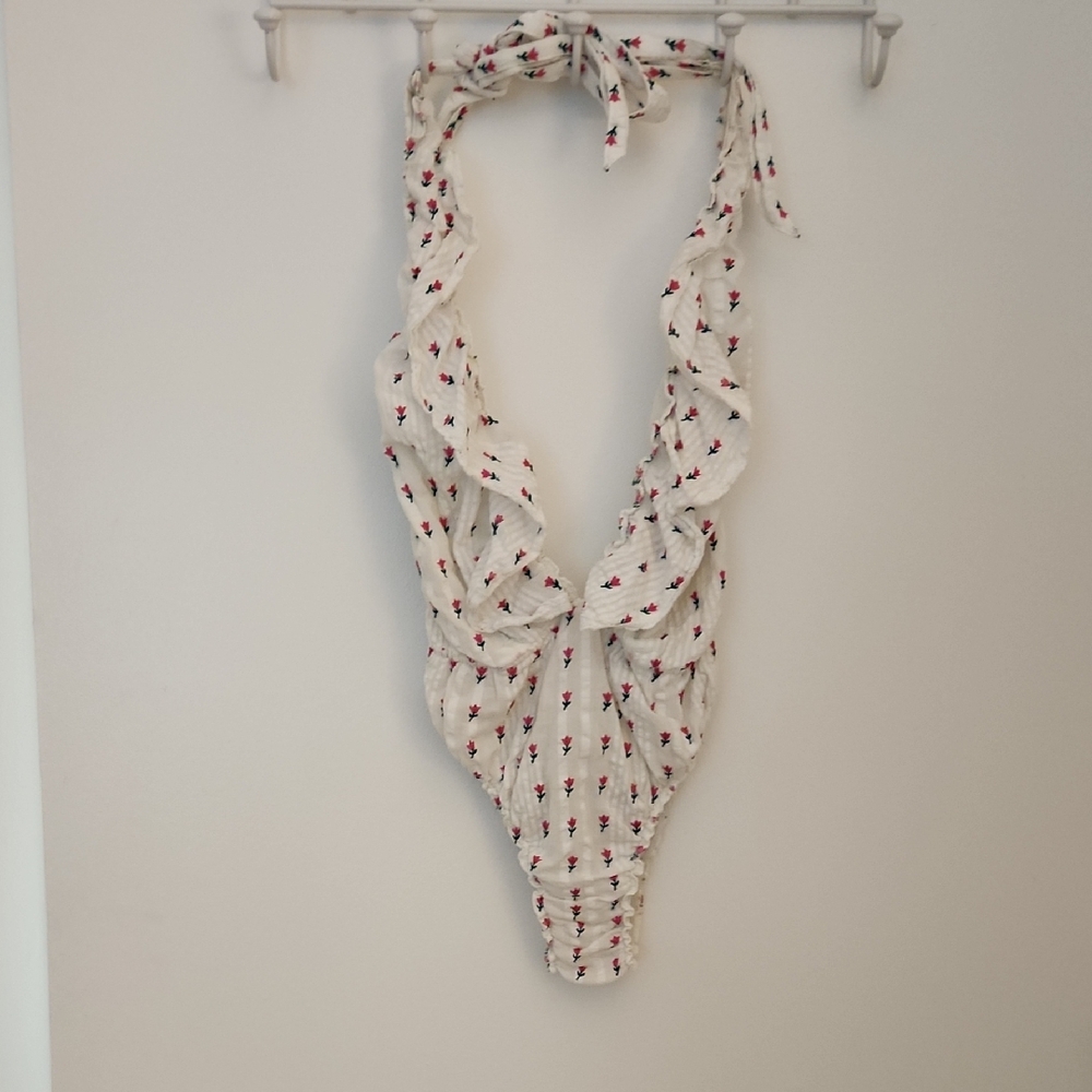 LoveShackFancy Cream Bodysuit with Pink Floral Design